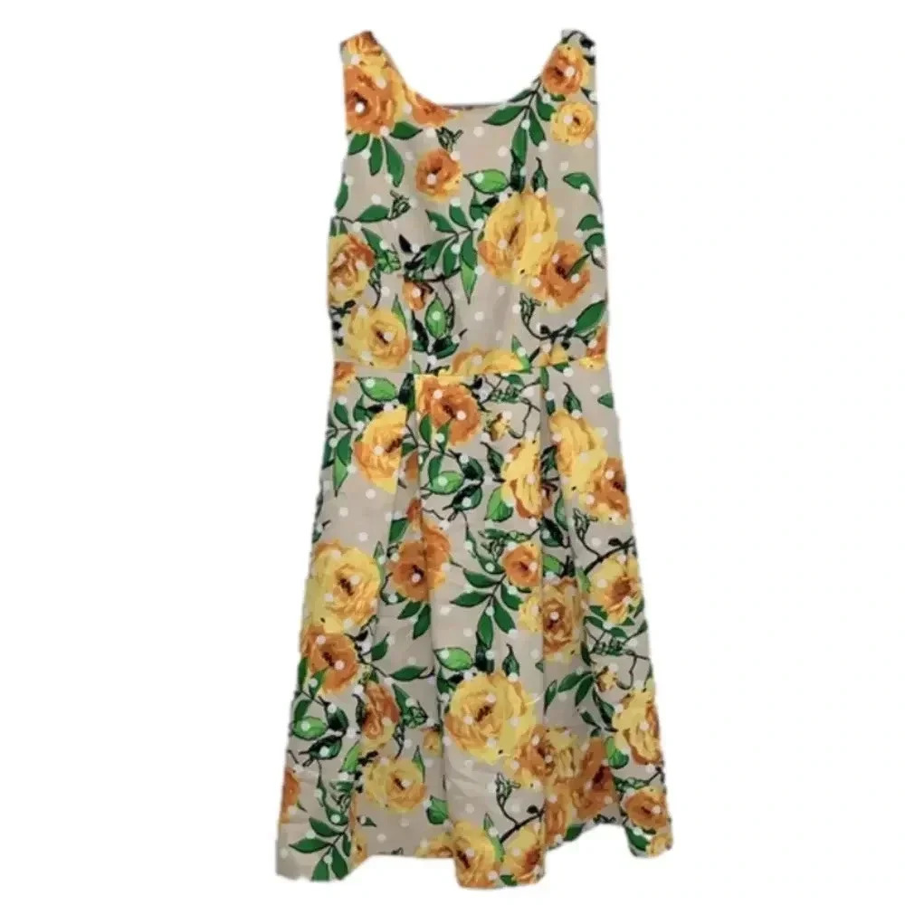 New York & Company yellow floral print polka dot midi dress pleated lined NWT